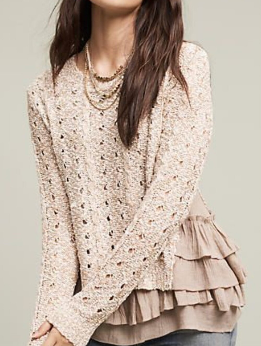 Women's Cream Open-Knit Scoop-Neck Sweater with Ruffle Hem